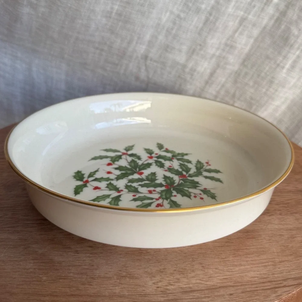 VTG Lenox Shallow Soup Bowl Ivory Holly Leaves Gold Trim Christmas Holiday